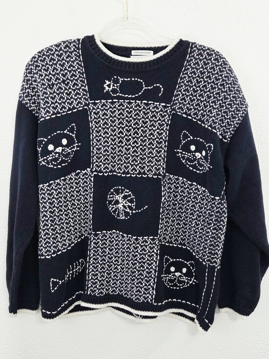 Christopher & Banks Sweaters - Vintage cat lady sweater embroidered doodle patchwork navy blue hearts XL